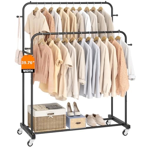 Laiensia Double Rods Garment Rack with Wheels, Clothing Rack for Hanging Clothes,4 Hooks, Multi-functional Bedroom Clothes Rack, Black