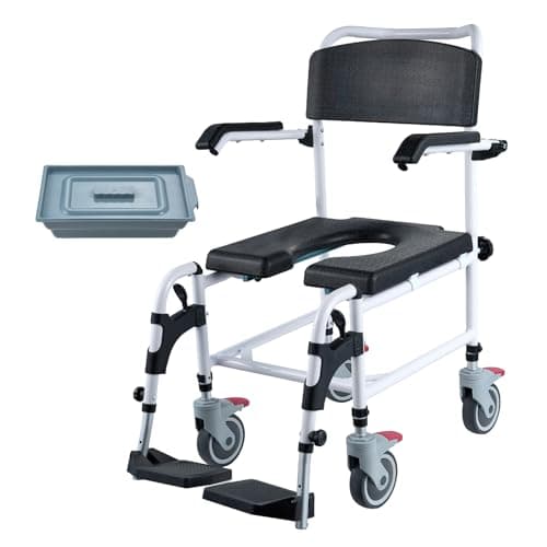 VEVOR Shower Commode Wheelchair with 4 Lockable Wheels, Footrests, Flip-up Arms, 3-Level Adjustable Height, 5L Removable Bucket, 350 LBS Capacity, Commode Chair for Adults Seniors 9