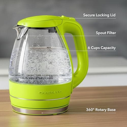 OVENTE Electric Kettle, 1.5L Borosilicate Glass Countertop Water Heater and Boiler for Coffee or Tea, BPA-Free, Auto Shut-Off,  Boil-Dry Protection, Removable and Washable Spout Filter, Green KG83G 6