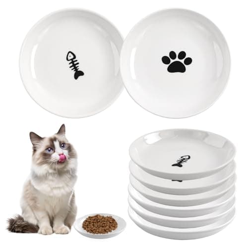 6 Pack Cat Food Bowl, Ceramic Cat Bowls, Anti Whisker Fatigue Cats Bowl Set,5.5 Inches Shallow Wide Kitten Plates for Food and Water (Cat's Paw+Fishbone)