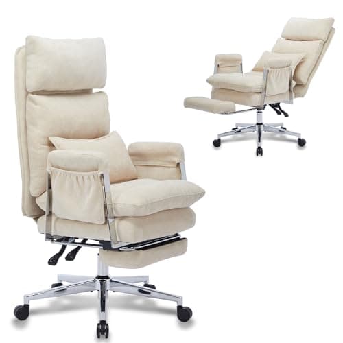 TUKAKA Big and Tall Fabric Computer Chair,Full Stainless Steel Comfy Ergonomic Office Chair with Footrest, Cute Chenille Fabric High Back Reclining C Hair with Spring Cushion,Lumbar Support(Beige)