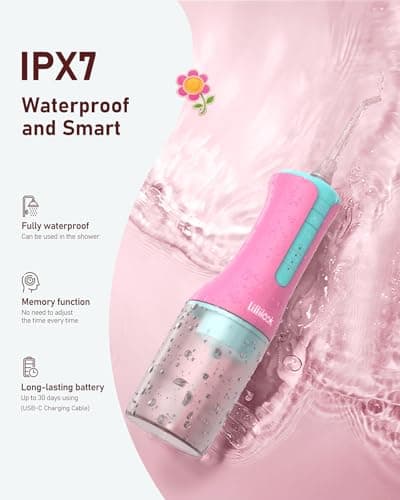 Lillilook Kids Water Flosser Pink, Rechargeable Oral Irrigator for Kids Aged 6+, 4 Modes, 3 Jet Tips, Fun Stickers, Safe and Gentle Oral Care 5
