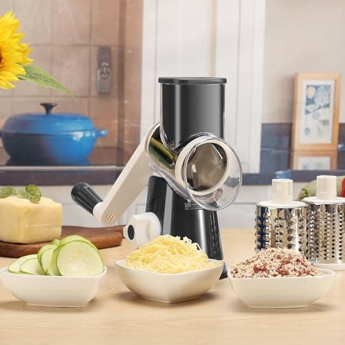 Cambom Rotary Cheese Grater Hand Crank Cheese Shredder for Fresh Cheese, Vegetable, Nuts,Non-slip Suction Base, Free Cleaning Brush Three Blades, Black 7