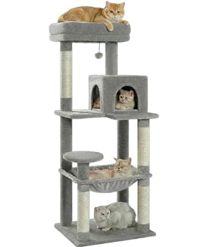 MUTTROS Cat Tree for Large Cats Adult with Metal Plush Big Hammock, 56.3" Cat Tower with 2 Door Condo House, 6-Tier Cat Shelves with Scratching Posts and Large Top Perch, Gray