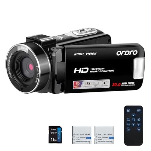 ORDRO B320 1080P 30FPS Video Camera Recorder, Full HD 30MP 18X Digital Zoom Camcorder, YouTube Vlogging Camera Infrared Night Vision, 3.0 Inch Flip Screen, 2 Batteries, Remote Control (Black)