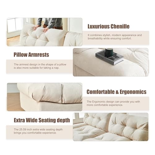 Mangodan 80" Chenille Cloud Deep Seat Sofas for Living Room, Modern Sofa Couch for Small Spaces, Cozy Comfy Loveseat with Solid Wood Frame, Pillow-Designed Armrest Sleeper Loveseat, Beige 5