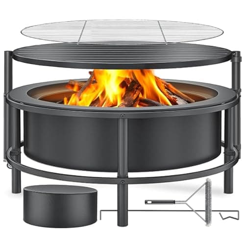 Fire Pits for Outside Wood Burning, Large Outdoor Fire Pit Stove with Roating Table and BBQ Grill, Cold Finished Steel Round Firepit Bowl with Poker, Waterproof Cover, Grill Brush