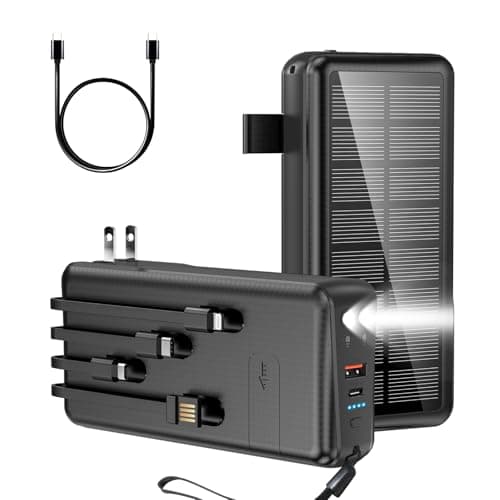 boogostore Portable Charger with Built in Cable and Wall Plug 50000mAh PD30W Fast Charging Solar Power Bank with 5 Output & 2 Input Dual LED Flashlights Phone Holder External Battery Pack (Black)