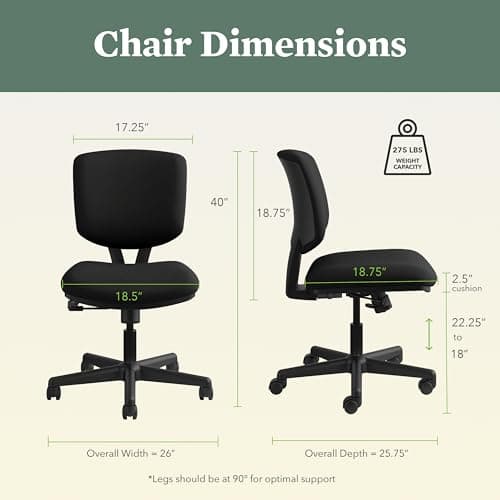 HON Volt Armless Office Chairs with Wheels, Ergonomic Adjustable Center-Tilt Recline, Fabric Back and Seat, Swivel Desk Chair, Black 7