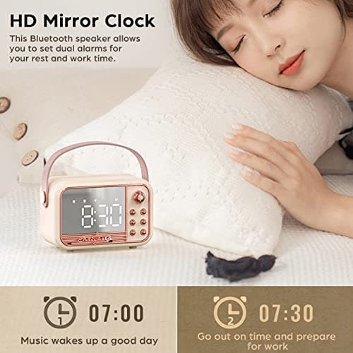 Anliato Retro Bluetooth Speaker, Vintage Portable Wireless Bluetooth Speakers with Alarm Clock Loud Volume Support TF Card U Disk AUX Old Style for Kitchen Bedroom Home Outdoor (Beige White) 5