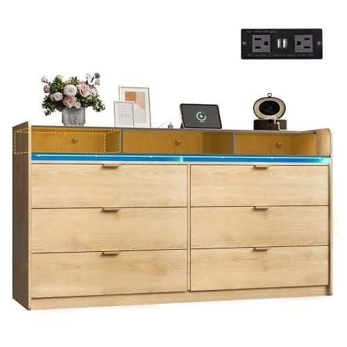 WLIVE 9 Drawer Led Dresser for Bedroom, 58" Wide Wood Dresser Storage Organizer with Charging Station for 65" TV, Dressers with Open Shelves, Chest of Drawers for Closet, Living Room, Light Oak