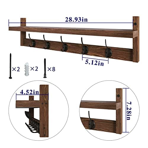 AMBIRD 28.9 Inch Length Shelf with Hooks Entryway Coat Rack Wall Mount Wood Coat Hooks with Shelf Wall-Mounted Coat Hook Rack with 5 Dual Hooks for Bathroom, Living Room, Bedroom (Brown) 6