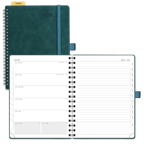 POPRUN 2024 Planner Weekly Notebook 8.5''x 6.5'', Agenda 2024 Appointment Book with Monthly Tabs, Spiral Soft Cover, Inner Pocket, 100 GSM - Peotrol