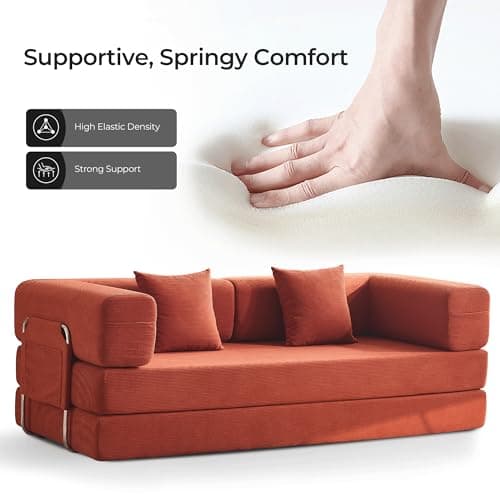 79" Convertible Sofa Bed with Pillows, Corduroy Folding Sleeper Sofa with Fixed-Shape Frame, Boneless Couch for Living Room Bedroom, Floor Sofa Lounge No Assembly Required (A - Style-Orange) 6