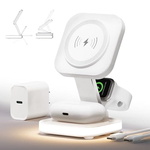 5-in-1 Magnetic Wireless Charging Stand for Apple MagSafe Charger with Night Light for iPhone 17/16/15/14/13/12, Watch, AirPods, Travel Magnetic Charger Nightstand Charging Station (Adapter Included)