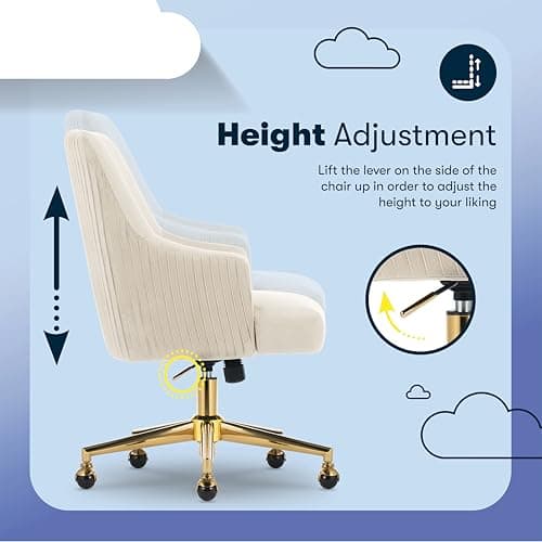 Serta Scarlett Modern Office Chair, Pleated and Curved Mid-Back Desk Chair, Pocket Coil Seat Cushion, Padded Armrests, Vanity Armchair with Wheels, Swivel Gold Base, Beige Velvet Fabric 6