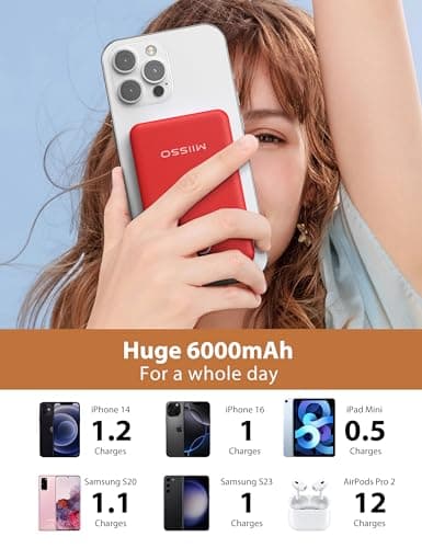 miisso 6000mah Ultra Slim Built in Cables Power Bank, Card Size Built in USB C Cords Battery Pack Portable Charger for Phones, 3 Output External Battery Pack Compatible with iPhone, Red 3