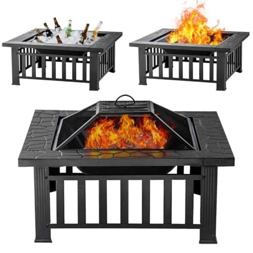 Panovue Fire Pit Table 32 Inch Square Metal Stove for Patio, Backyard, Garden | Multifunctional Outdoor Fireplace for Camping, Heating, Bonfire & Picnic