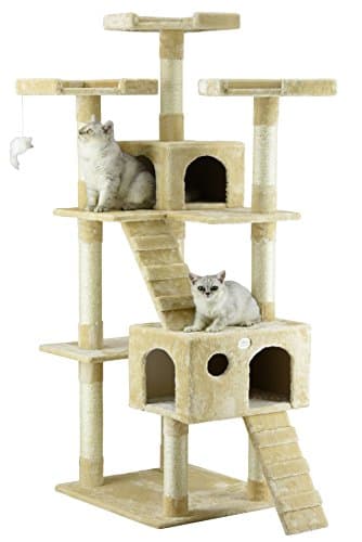 Go Pet Club 72" Tall Cat Tree Tower with Cat Condos - Large Cat Tree - Cat Tower for Indoor Cats - Play Scratch Hide Climb Activity Furniture with Toy - Beige
