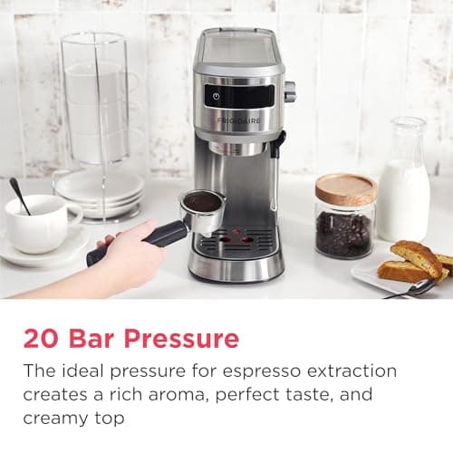 Frigidaire Steam Espresso Maker, Coffee Machine with Milk Frother & Cup Warmer, 20 Bar Pressure, 34 oz Removable Water Tank, Single or Double Shot, Stainless Steel 7
