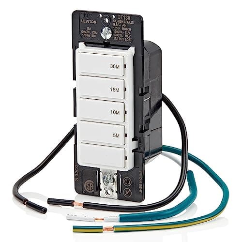 Leviton Countdown Timer Switch for bathroom fan and household lights, 5-10-15-30 min, No Neutral Required, Single Pole, 15A, 1/2 HP/9.8A Fan/Motor, DT130-1LW, White 11