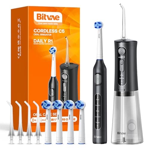 Bitvae Water Dental Flosser Teeth Picks, Cordless Water Flosser for Teeth, Braces, Dental Care and Rechargeable Rotary Electric Toothbrush Combo Set, 4 Tips, 4 Brush Heads, Waterproof, Black, C5+R1