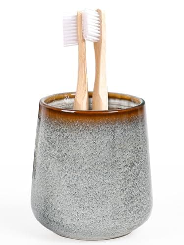 INGOFIN Ceramic Toothbrush Holder, 12 oz Toothpaste Holder Bathroom Cup, Tooth Brush Holder for Vanity Countertop, Organizer Storage for Cosmetic, Makeup, Office Pencils, Kiln-Glazed Grey White