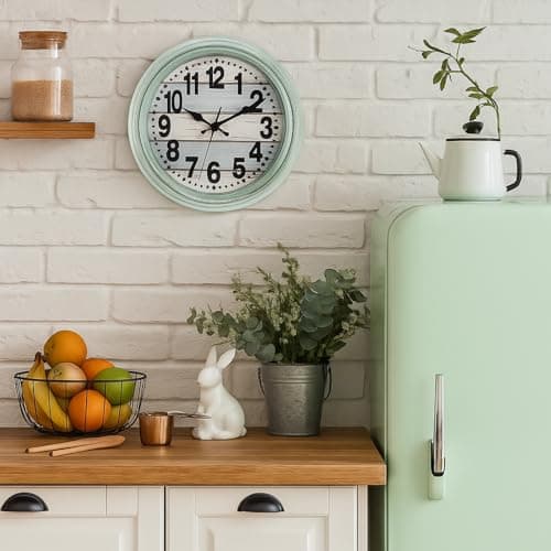 ZENFUN 12'' Rustic Wall Clock, Silent Non Ticking Clock Quartz Wall Clock Battery Operated, Country Style Wall Decoration for Kitchen Living Room Home, Office, School, Large Numbers, Green 6