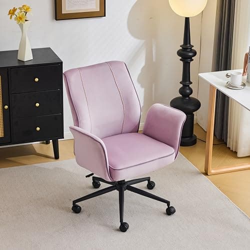 VINGLI Bloom Chair,Comfy Home Office Desk Chair with Wheels & Padded Armrests,Aesthetic Vanity Chair with Back,Height Adjustable Swivel Rolling for Makeup, Computer Task,Study,Bedroom,Velvet,Purple