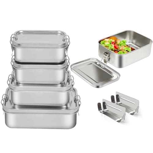 LEEPENK 304 Stainless Steel Lunch Box and Food Containers with Lids 4 Pack 1400/850/550/550ml, Leak-Proof and Stackable Stainless Steel Bento Box for Travel and Work Adults