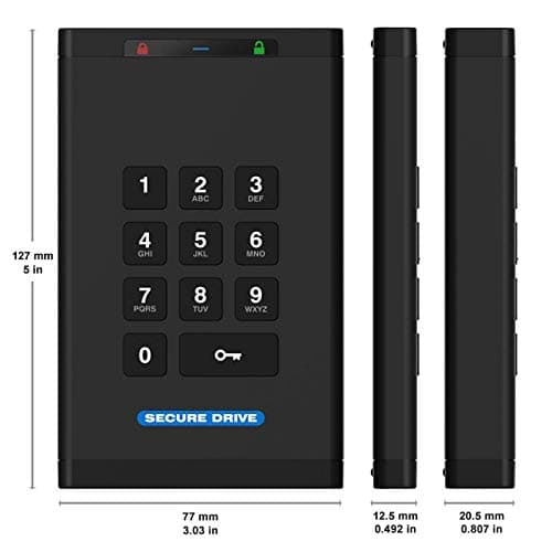 SecureData SecureDrive KP 500GB Hardware Encrypted USB 3.0 External Drive FIPS 140-2 Level 3 Unlock via Keypad TAA Compliant, CJIS, HIPAA, CMMC, GDPR Compliant, Works with Mac and Win Free AV 8