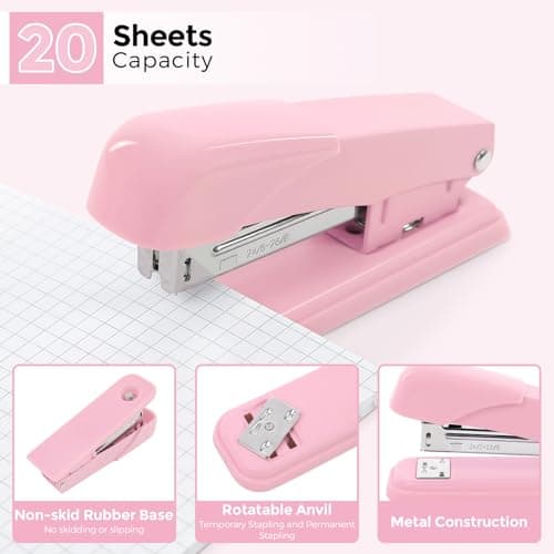 SKYDUE Pink Desk Accessories 10Pcs, Rotating Pen Holder for Desk, Stapler, Staple Remover, Tape Dispenser,2pcs Tape Refills, Binder Paper Clips Kit, Scissor,Pink Office School Supplies 9