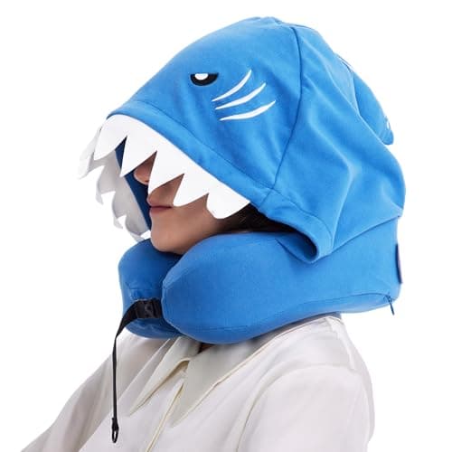 ALLINCOZY Privacy-Friendly Hooded Travel Pillow for Kids & Adults, Sensory-Friendly, Memory Foam Neck Support for Airplane, Car & Train, Breathable Fabric, Portable, Ultimate Comfort Shark