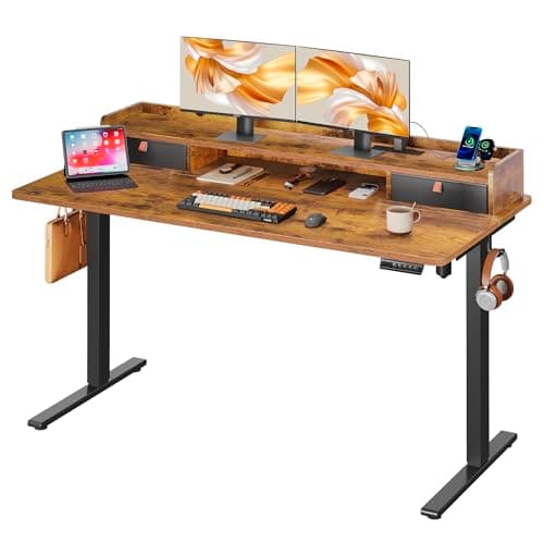 DEVAISE 55×28 Inch Electric Standing Desk with Drawers, Computer Desk with 3 Adjustable Height, Storage Shelf, Built-in USB Outlets and Memory Preset, Sit to Stand Desk for Home Office, Rustic Brown