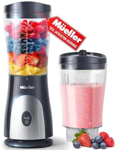 Mueller Personal Blender for Shakes and Smoothies with 15 Oz Travel Cup and Lid, Juices, Baby Food, Heavy-Duty Portable Blender & Food Processor, Grey