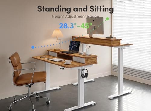 FEZIBO 55'' x 24'' Height Adjustable Electric Standing Desk with Double Drawer, Home Office Stand Up Table with 4 Height-Adjustable Feets & 2 Hooks, Light Rustic 6