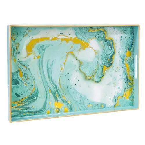 MAONAME Turquoise Serving Tray with Handles, Plastic Decorative Tray for Coffee Table, Marbling Rectangular Tray for Bathroom, Ottoman, Storage, 15.7" Lx 10.2" W X 1.57" H