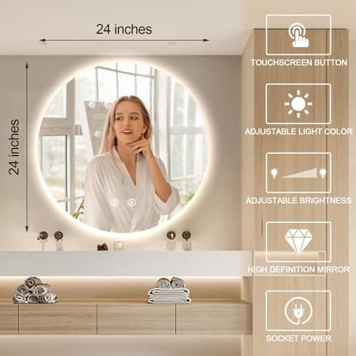 Speculux Led Mirror for Bathroom 24 Inch, Backlit Vanity Bathroom Mirror with Lights, Smart Dimmable Touch, 3 Color Modes, Shatter-Proof Round Mirror 5