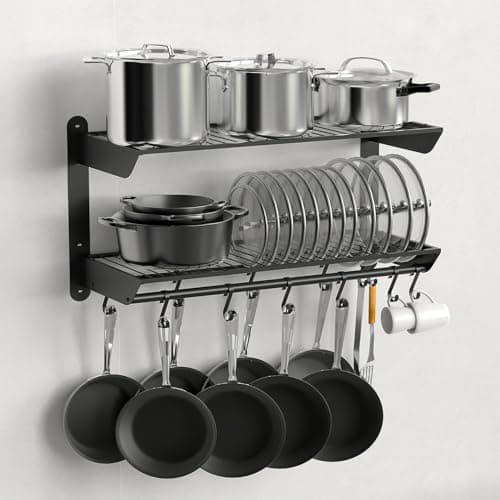 Taozun 30 Inch Pot and Pan Organizer, 2 Tier Heavy Duty Pot Rack Wall Mounted with 12 Hooks, Kitchen Cookware Utensils Hanger Organizers and Storage 7