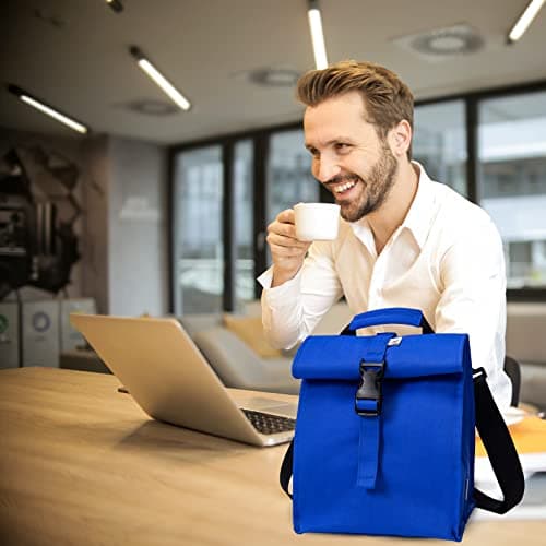 SUNNY BIRD Insulated Lunch Bag Rolltop Lunch Box Tote Lunchbox Bag for Women, Men, Adults and Kids (Blue) 5