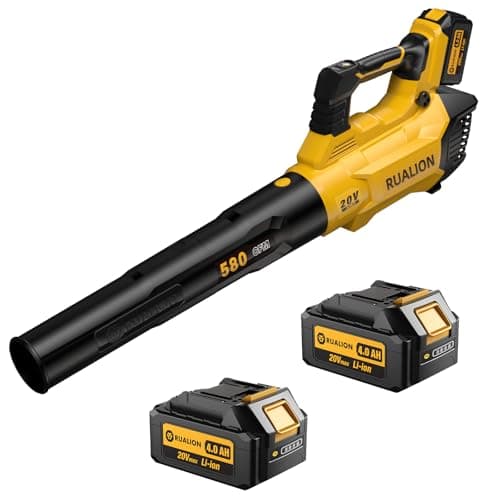 RUALION Leaf Blower Cordless, Electric Leaf Blowers Up to 580 CFM 160 MPH, Battery Powered Blowers for Lawn Care, Patio, Garage(2 * 20V 4.0 Ah Batteries and Charger Included)
