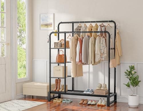 Double Rods Clothes Rack Clothing Rack with 4 Tier Storage Shelves Clothes Rack for Hanging Clothes Multifunctional Heavy Duty Clothes Organizer with Hooks for Bedroom,Wardrobe Closet,Shop,Black 7