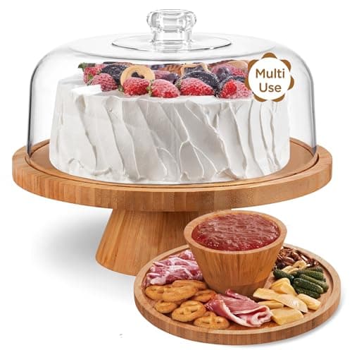 HBlife Cake Stand with Lid (11.4"), Multifunctional Cake Stand with Acrylic Dome, Bamboo 6-in-1 Cake Plate Display Stand with Cover for Baking Gifts, Birthday Kitchen Parties, Weddings