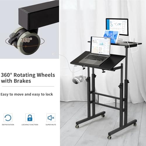 Hadulcet Mobile Standing Desk with Charging Station, Adjustable Standing Computer Desk, Standing Adjustable Laptop Cart with Wheels for Home Office Classroom Black 6