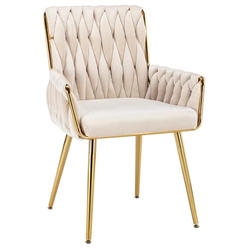 ABET Office Desk Chair No Wheels, Woven Velvet Vanity Chair with Back & Armrest, Comfy Upholstered Cute Gold Metal Legs Makeup Aesthetic Armchair for Girls & Women Bedroom, Nail Spa, Beige