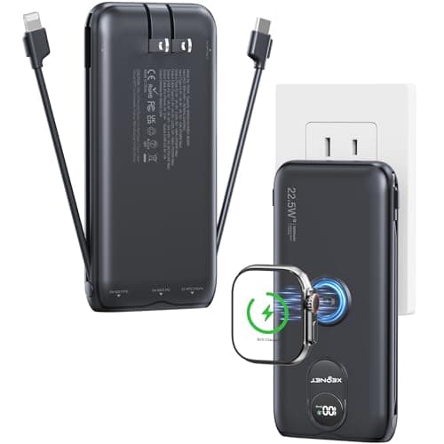 Portable Charger, 10000mAh 22.5W Fast Charging Power Bank with Built in Cable & Wall Plug, Travel Essential Battery Pack with LED Display, External Charger for iPhone 17/16, iWatch 11/10/9/8/Ultra/SE