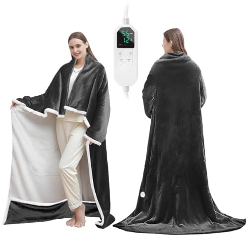 Wearable Heated Blanket with with Foot Pocket, Electric Blanket Wearable with Sleeves, Electric Throw Wrap Poncho Shawl, 8 Heating Levels & 12 Hours Time Settings, Machine Washable, 50 x 70 Inch