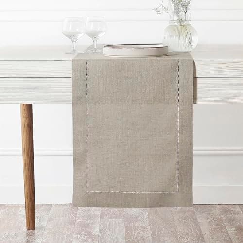 D'Moksha Homes Linen Natural Table Runner 72 Inches Long - 100% Pure Linen Hemstitch Table Runner 14 x 72 Inch for Dresser, Dining, Mothers Day, Spring, Easter - Classic Hemstitch