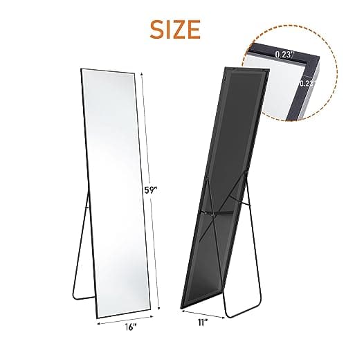 Sweetcrispy Full Length 59"x16" Full Body Mirror Floor Mirror Standing Hanging or Leaning Against Wall, Wall-Mounted Mirror with Stand Aluminum Alloy Thin Frame for Living Room Bedroom Cloakroom,Black 7