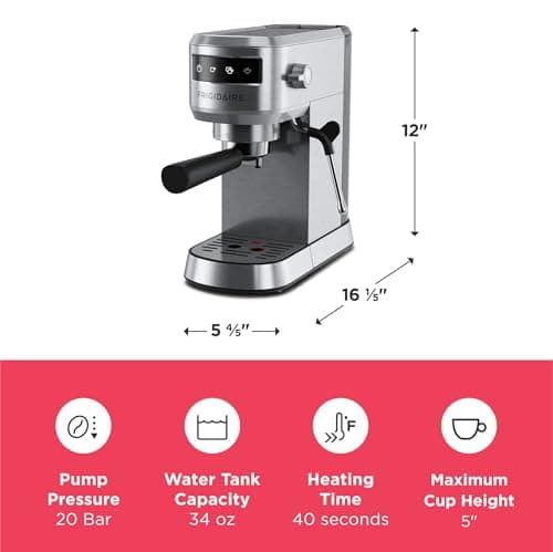 Frigidaire Steam Espresso Maker, Coffee Machine with Milk Frother & Cup Warmer, 20 Bar Pressure, 34 oz Removable Water Tank, Single or Double Shot, Stainless Steel 4